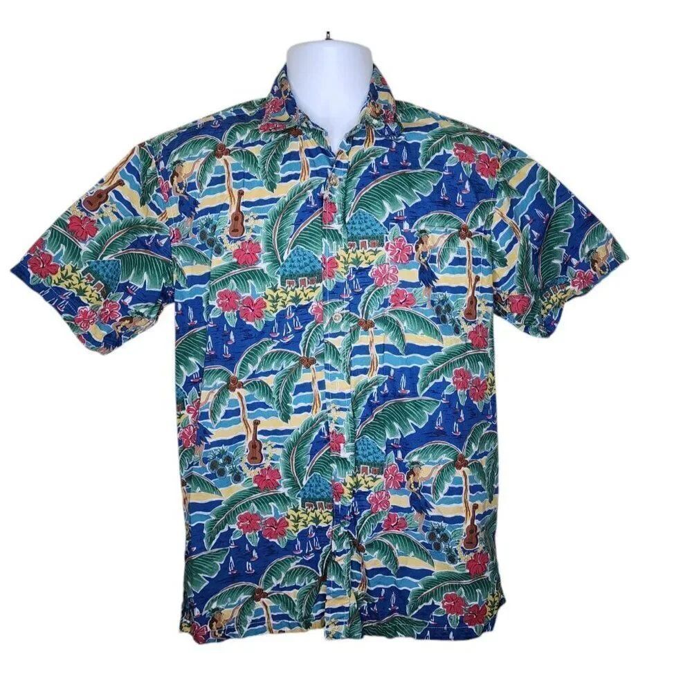 Vintage 80s Short Sleeve Hawaiian Tropical Shirt Mens Size S Blue Aloha Tiki Wah